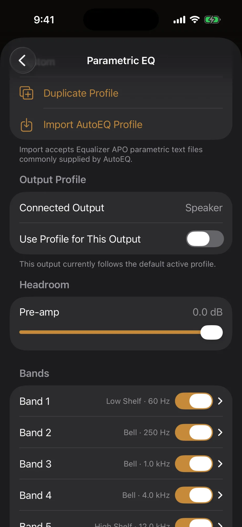 Kord's parametric EQ on iPhone — a five-band editor with low shelf, bell, and high shelf filters, each showing its frequency, plus a pre-amp control