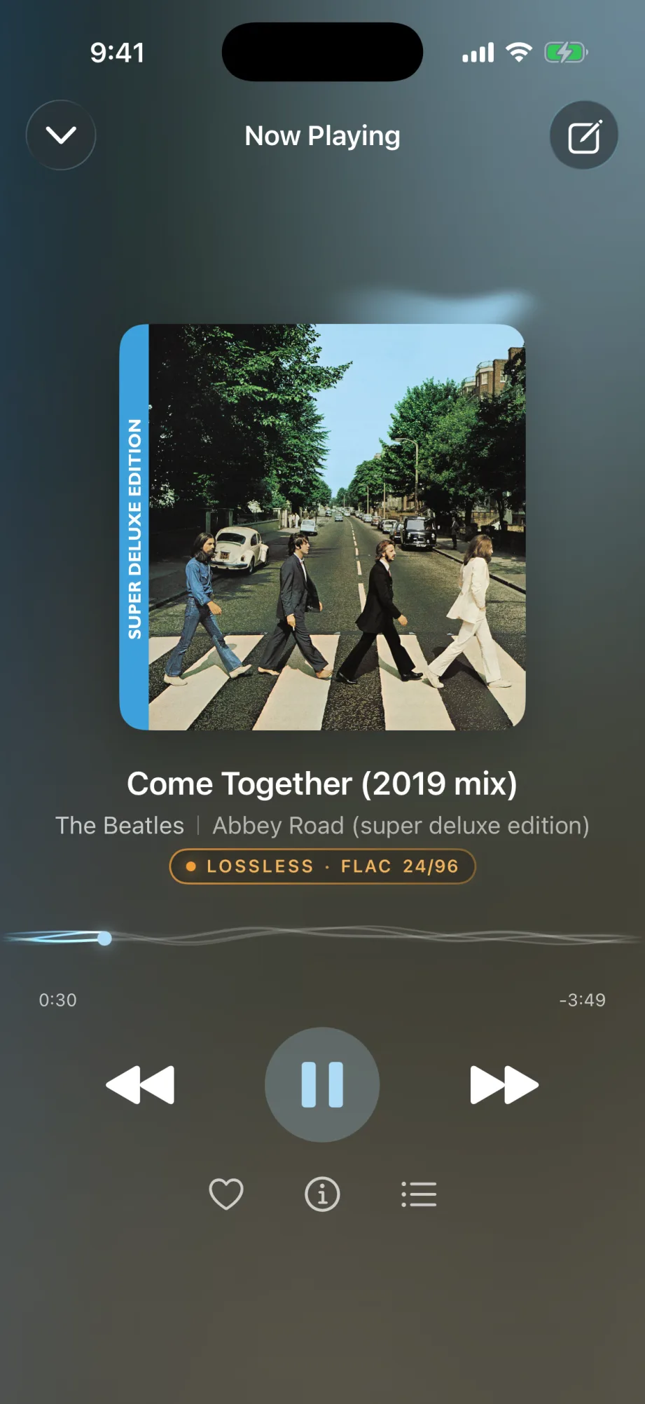 Kord's Now Playing screen on iPhone — 'Come Together' by The Beatles playing in lossless FLAC 24/96, with a waveform scrubber and signal-path badge